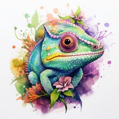 A colorful lizard with a flower on its face