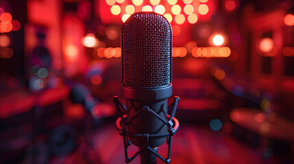 Professional Microphone on an Evocative Stage A Red-Lit, Hyper-Realistic Portrayal