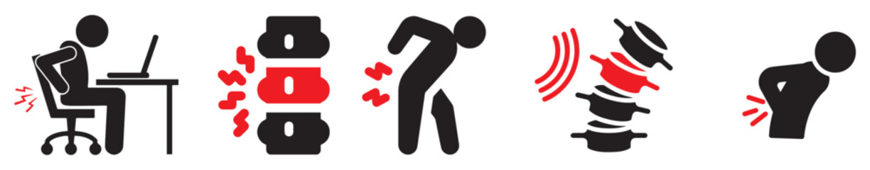 Back pain icons set. Flat icons illustrating back pain and problems on spine.