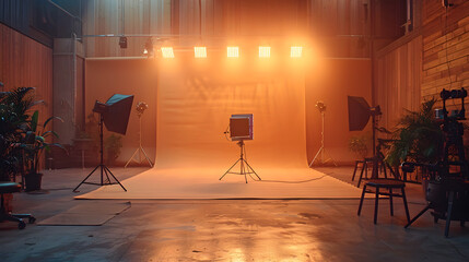 Professional Photo Studio Setup with Warm Lighting and Directors Chair