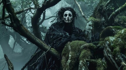 Fototapeta premium A misty forest clearing shrouded in a veil of darkness serves as the backdrop for this gothic aesthetic. A striking model with a bold . .