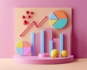 Minimalistic claystyle 3D render of a chart graph, isolated on a solid color background, emphasizing simplicity and analysis bright colors