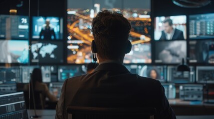 A conference call scene with people from various locations on video screens, showcasing global collaboration and communication.