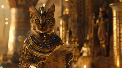 a photo of a realistic cat that is dressed as Tutankhamun the pharaoh is holding a parchment in his Egyptian palace in Ancient Egypt  - obrazy, fototapety, plakaty