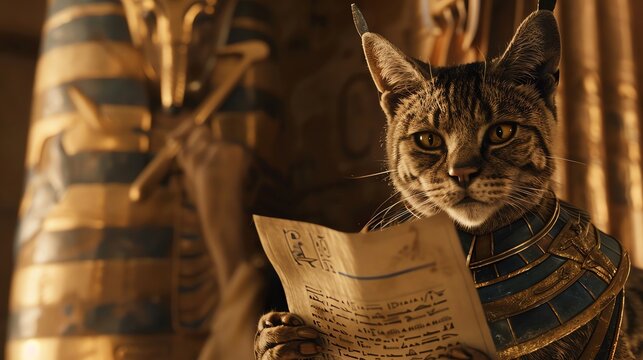 cat that is dressed as Tutankhamun the pharaoh is holding a parchment in his Egyptian palace in Ancient Egypt 