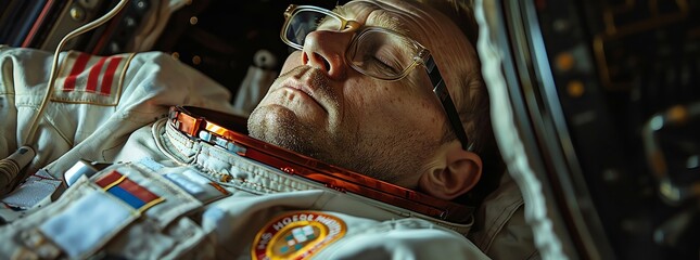 A 45yearold man with glasses, a rugged face, and wearing an astronaut suit sleeps on the space station 