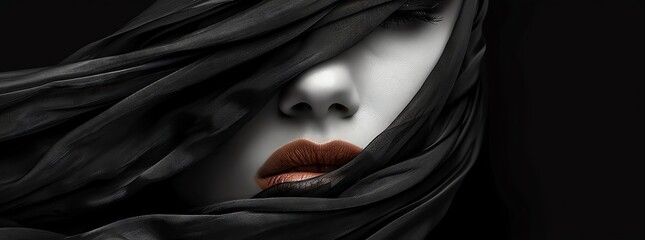 a womans face partially obscured in the style of flowing fabric, creating an enigmatic and mysterious atmosphere The dark tones accentuate the dramatic effect of her - obrazy, fototapety, plakaty