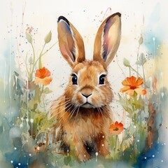 A rabbit is standing in a field of flowers