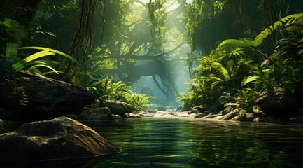 A lush jungle with a river running through it