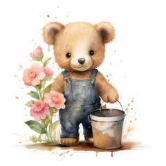 A teddy bear is holding a bucket and standing in front of a flower