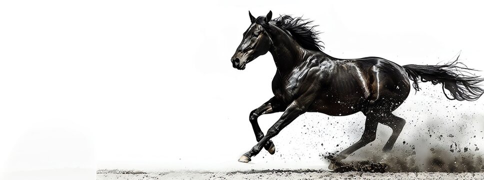 A black horse sprinting forward, dust is flying, Pure white background, powerful