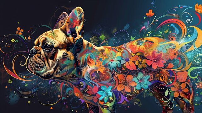 Beautiful French bulldog in profile , side view, colorful swirls with flowers around the body