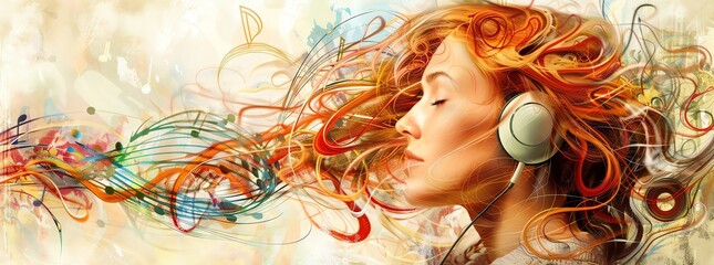 a beautiful woman listening music, waves of sound surrounding her