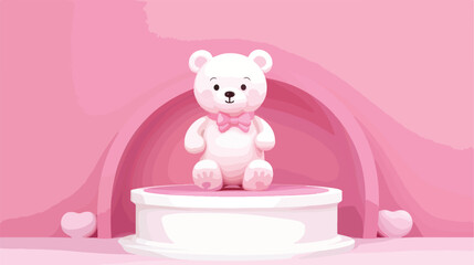 White podium with teddy bear on pink background. Pe
