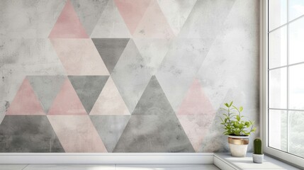 Soft muted triangles in shades of gray and pink cover the walls creating an abstract mountain range. The gentle colors and calming shapes give the room a tranquil and cozy ambiance. .