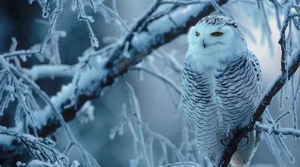 Fototapete Rund A majestic white owl perches on a tree branch its feathers fluffed up against the cold adding a touch of magic to the frosty morning . . © Justlight