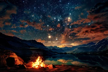 Fotobehang Bright campfire under an alien sky with a lake and mountains in the background, serene wilderness landscape with a view of the cosmos © John
