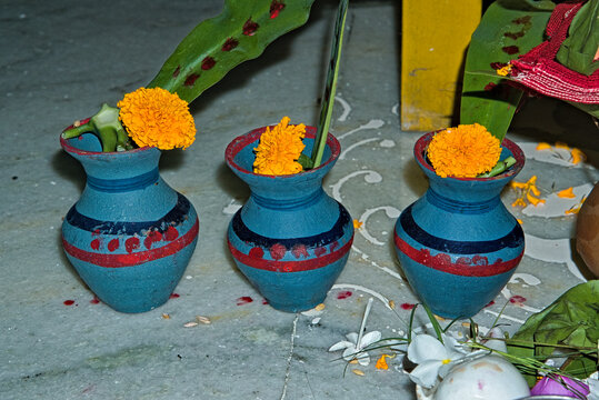 colored clay pots kept with flowers on the floor on the occasion of Manasa Puja in India.