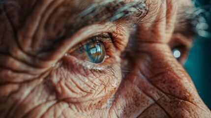 A close-up of an elderly man's eyes, with the reflection in his pupils showing a fragmented and incomplete picture, hinting at the distorted reality faced by those with dementia.