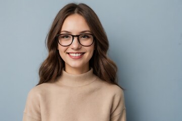 Fototapeta premium Cheerful smart woman dressed in brown knitwear and glasses standing against a blue background.