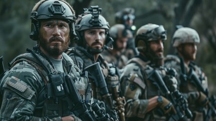 A group of soldiers in full tactical gear stand at the ready their expressions composed and determined as they await orders. .