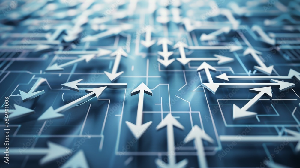 Poster a network of lines and arrows forming a dynamic composition, symbolizing the flow of information and