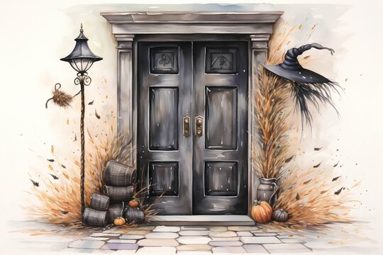 Watercolor halloween illustration with old wooden door, pumpkins and witch hat