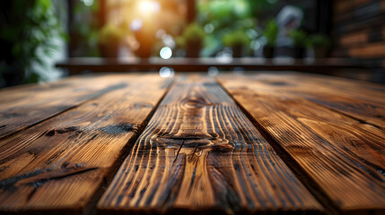 Sunlit Wooden Table in Cozy Cafe Interior: Inviting Space for Product Display