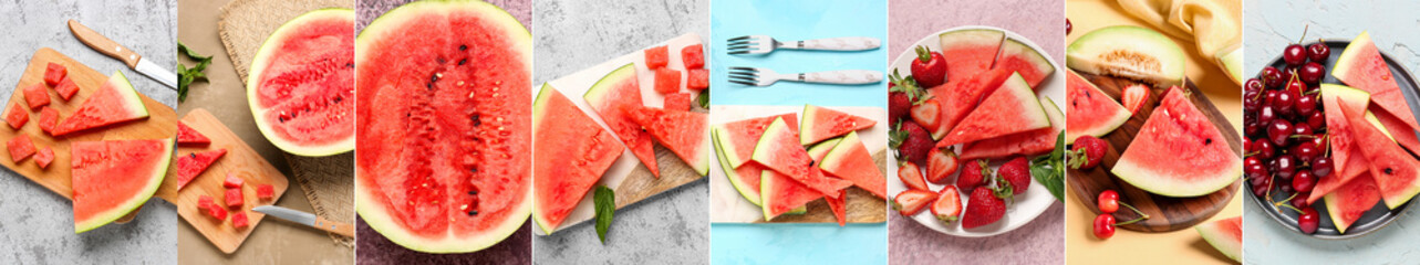 Collage of juicy watermelon with fresh melon and berries on color background