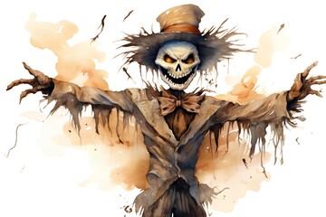 Watercolor halloween illustration. Scary skeleton in hat and scarf.