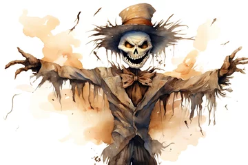 Cercles muraux Crâne aquarelle Watercolor halloween illustration. Scary skeleton in hat and scarf.