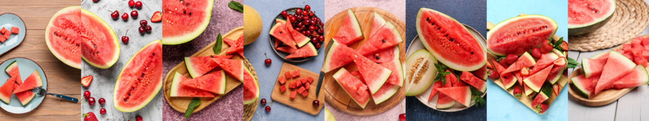 Set of juicy watermelon with fresh melon and berries on color background