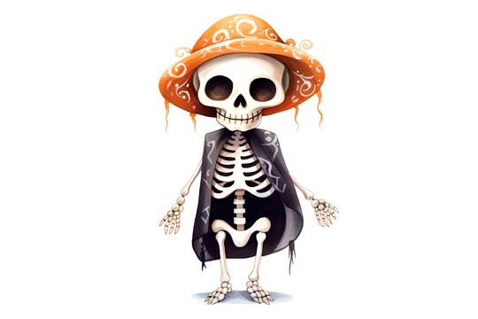 Skeleton in orange hat. Halloween illustration. Isolated on white background.