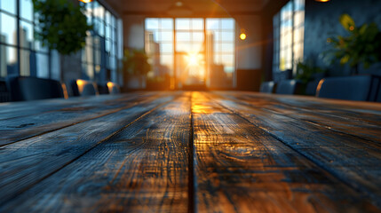 Warm Sunlight Illuminates Wooden Business Meeting Table, Conveying Comfort and Tradition