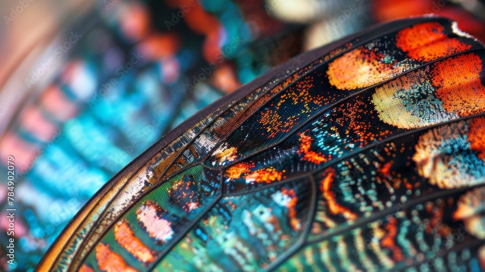 Poster an intricate image of a butterfly wing showcasing the vibrant patterns and colors in its delicate sc