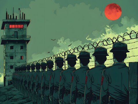 crowd of people standing in front of the prison