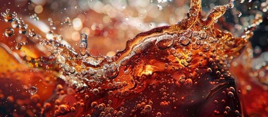 The image showcases a close-up view of a glass filled with refreshing soda, while water splashes on its surface - obrazy, fototapety, plakaty