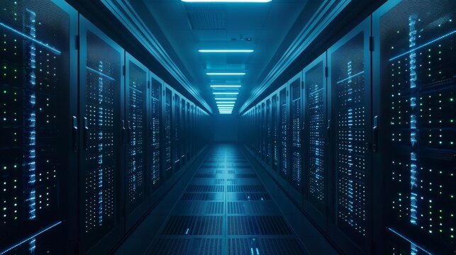 A server room filled with rows of illuminated server racks and blinking lights, showcasing the vast computing power of the digital age. 8k, ultra details.