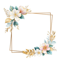 Luxury watercolor floral botanical gold line wedding frame elements. Elegant foliage design for wedding, card, invitation, greeting on Transparent Background PNG Generative AI
