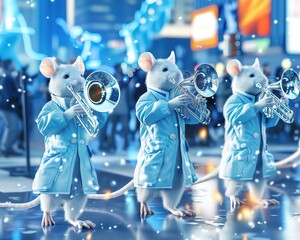 A family of mice in matching band uniforms marches in a parade, each playing a tiny brass instrument, captured in festive closeup