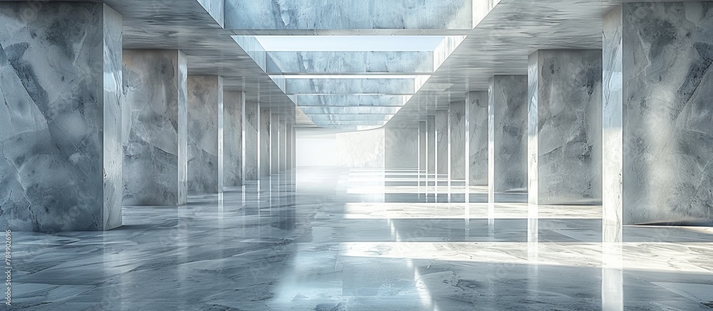 Poster an expansive room featuring an abundance of columns and a large skylight flooding the space with nat