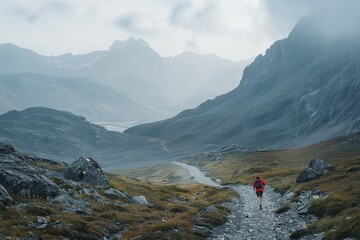 A cinematic wide shot of a lone trail runner dwarfed by a vast panorama of mountains - obrazy, fototapety, plakaty