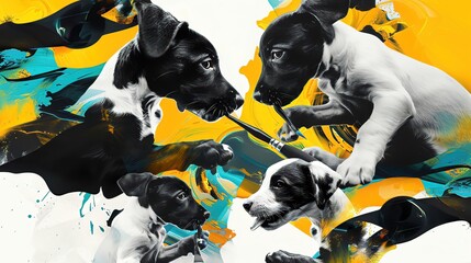 A group of puppies, each with a brush in their mouths, collaborate on a giant canvas, their tails wagging in unison, seen in cooperative closeup - obrazy, fototapety, plakaty