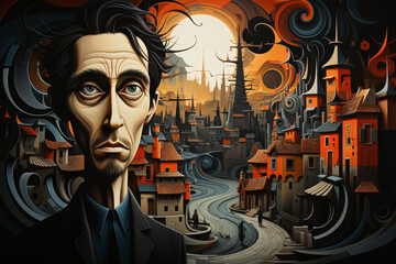 Abstract illustration of a Fantasy cityscape with a man in a suit. sci-fi and fantasy concept art