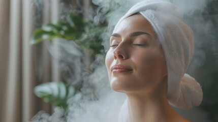 facial steamer, a model relaxes with steam gently opening pores for deeper cleansing