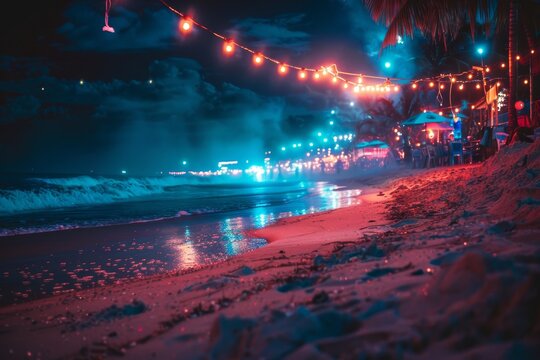 party and drink at the summer beach night.  blue and red colors. neon and flashlights - Powered by Adobe