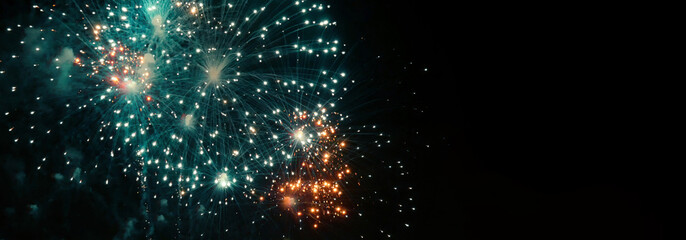 Banner Green firework in night time celebrate national holiday. Green Firework celebrate...