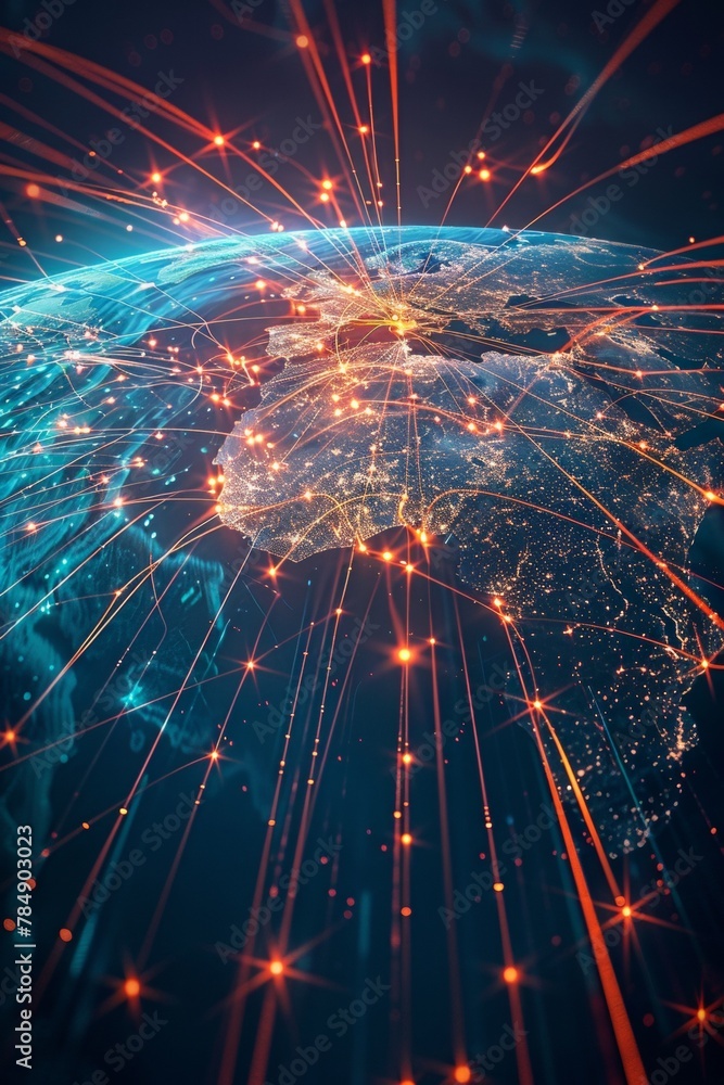 Poster a global map with pulsating beams of light representing major data arteries, converging on cloud hub