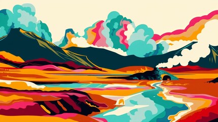 A geothermal landscape in pop art, colorful hot springs, stylized steam, bold lines - obrazy, fototapety, plakaty