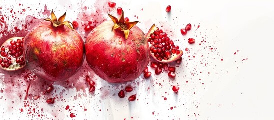 A pair of ripe pomegranates lie on a clean white surface, their red seeds exposed with bloody splatter marks - obrazy, fototapety, plakaty
